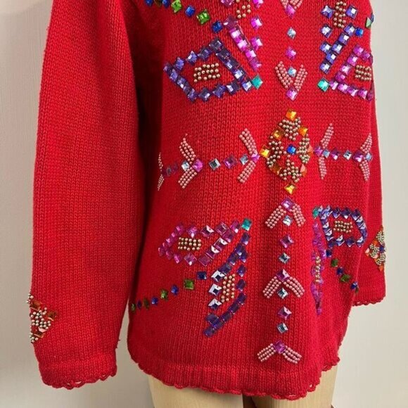 Vintage Joule Vintage Jeweled Sweater Women's Size M / L Bedazzled Christmas Red - Picture 4 of 15